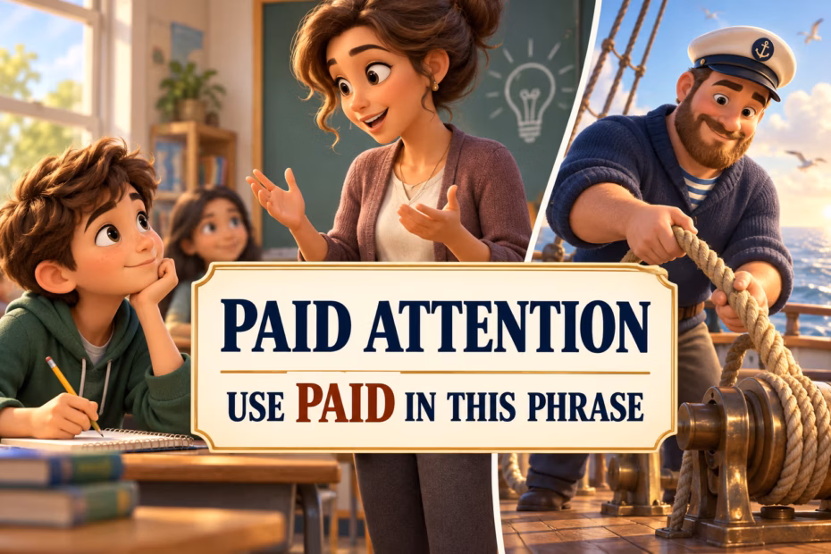 A student listening in class beside a sailor paying out rope, under a sign reading Paid Attention: Use Paid in This Phrase