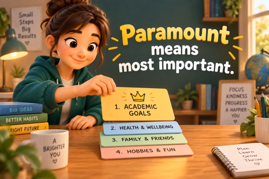 A student sorts priority cards beneath a lesson that paramount means most important.