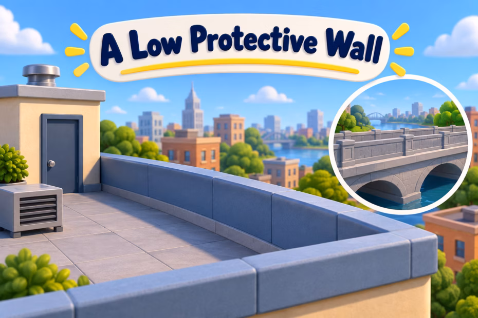 A low solid parapet wall runs along a rooftop edge, illustrating a parapet as a protective barrier.