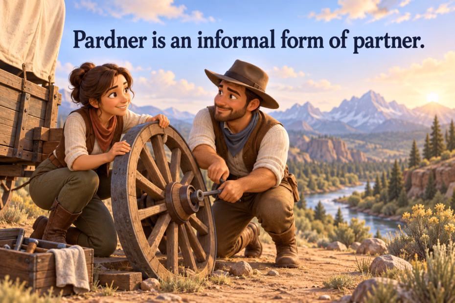 Two companions work together outdoors, illustrating pardner as an informal form of partner.