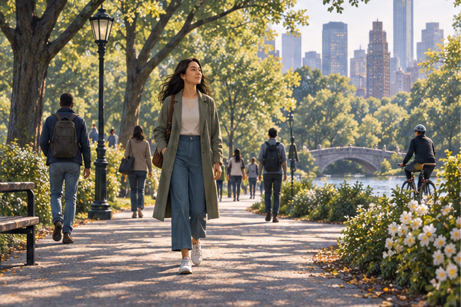 People walk through a leafy city park with buildings visible in the distance.