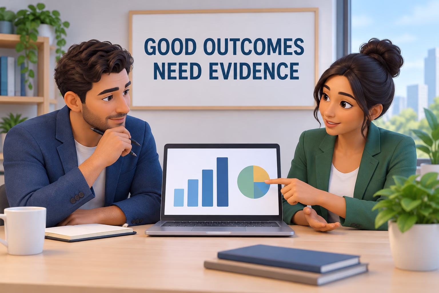 Two partners review a simple results chart together, showing that claims about outcomes should be supported by evidence.