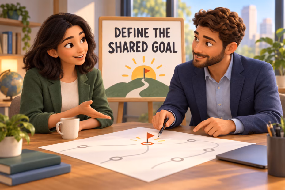 Two collaborators review a shared project plan beneath the label Define the shared goal.