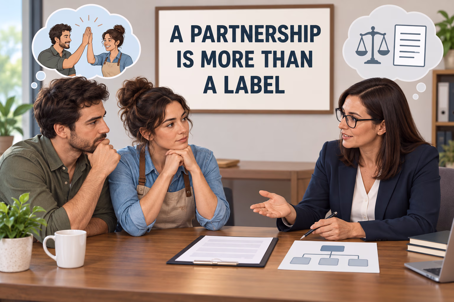Small-business partners discuss a blank organizational document with an adviser, illustrating that a legal partnership is more than a descriptive label.