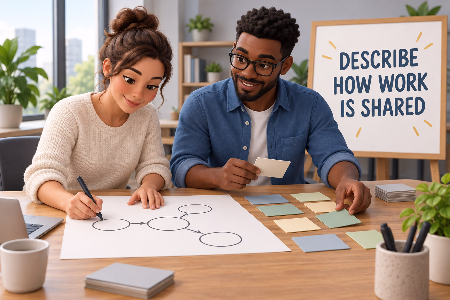 Two colleagues share planning tasks at a worktable, illustrating a collaborative partnership.