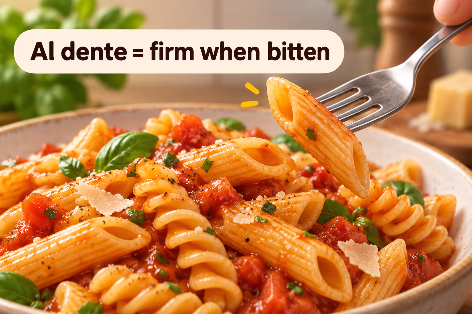 Fork lifts penne to test its bite. Text: “Al dente = firm when bitten.”