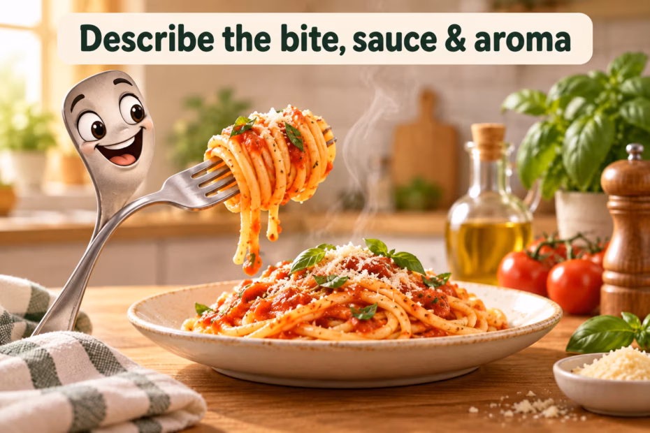 Playful fork twirls sauced spaghetti beside a bowl of pasta. Text: “Describe the bite, sauce & aroma.”