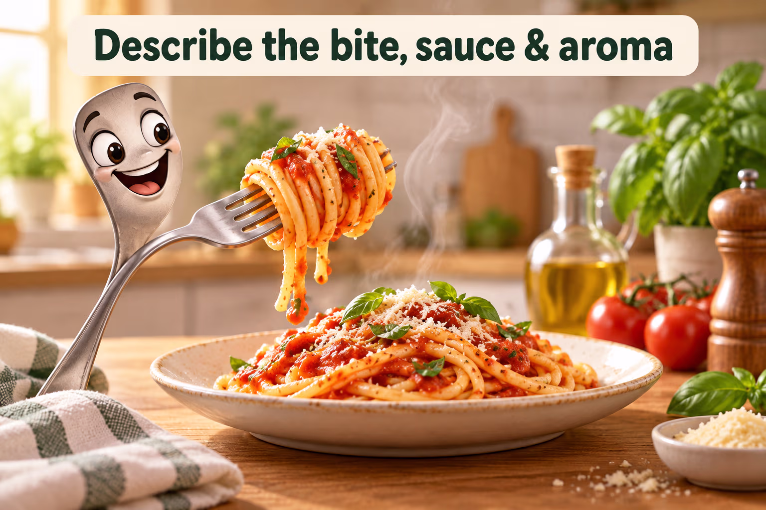 Playful fork twirls sauced spaghetti in a bright kitchen. Text: “Describe the bite, sauce & aroma.”