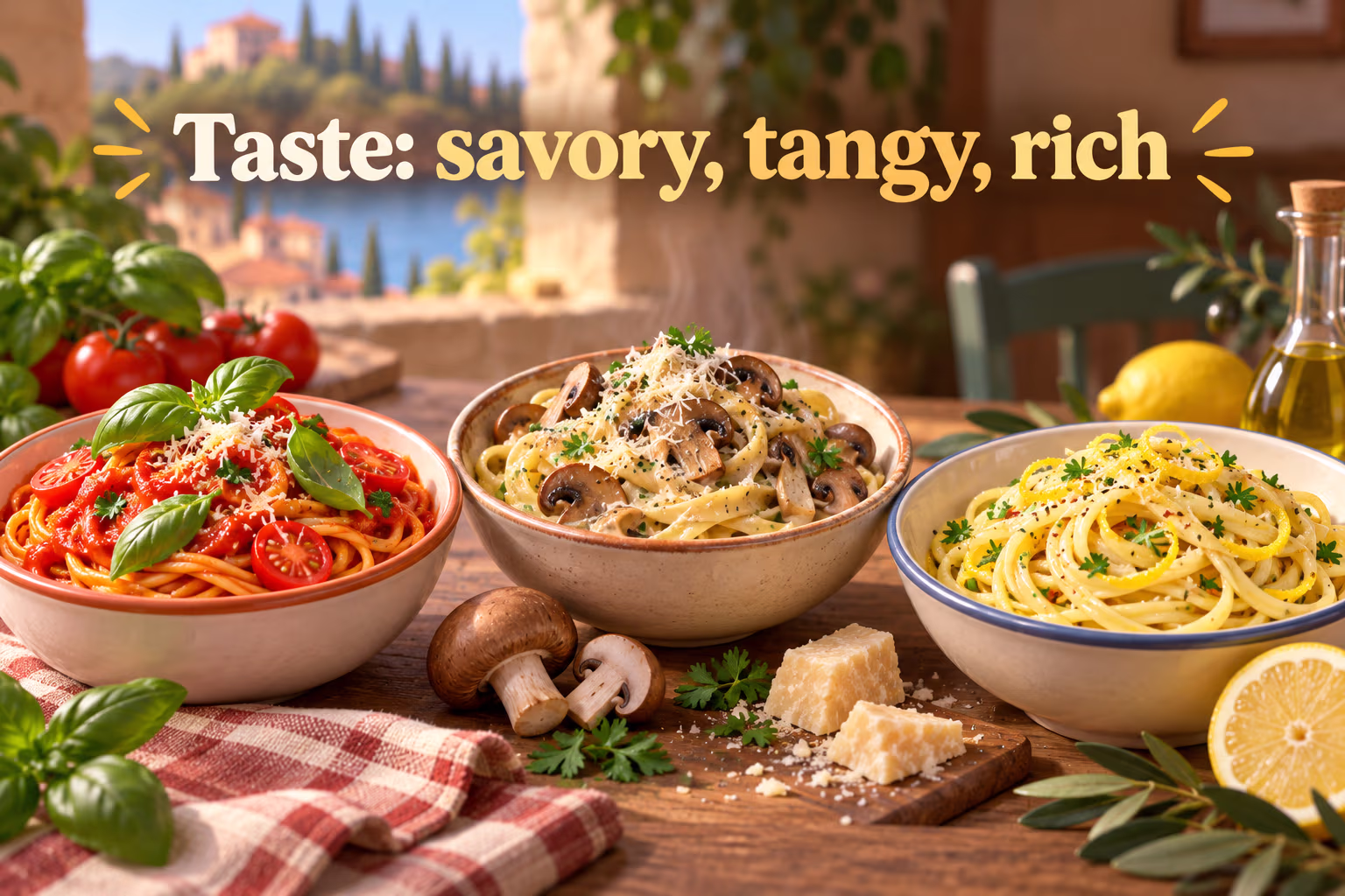 Three bowls show tomato, mushroom-parmesan, and lemon pasta. Text: “Taste: savory, tangy, rich.”