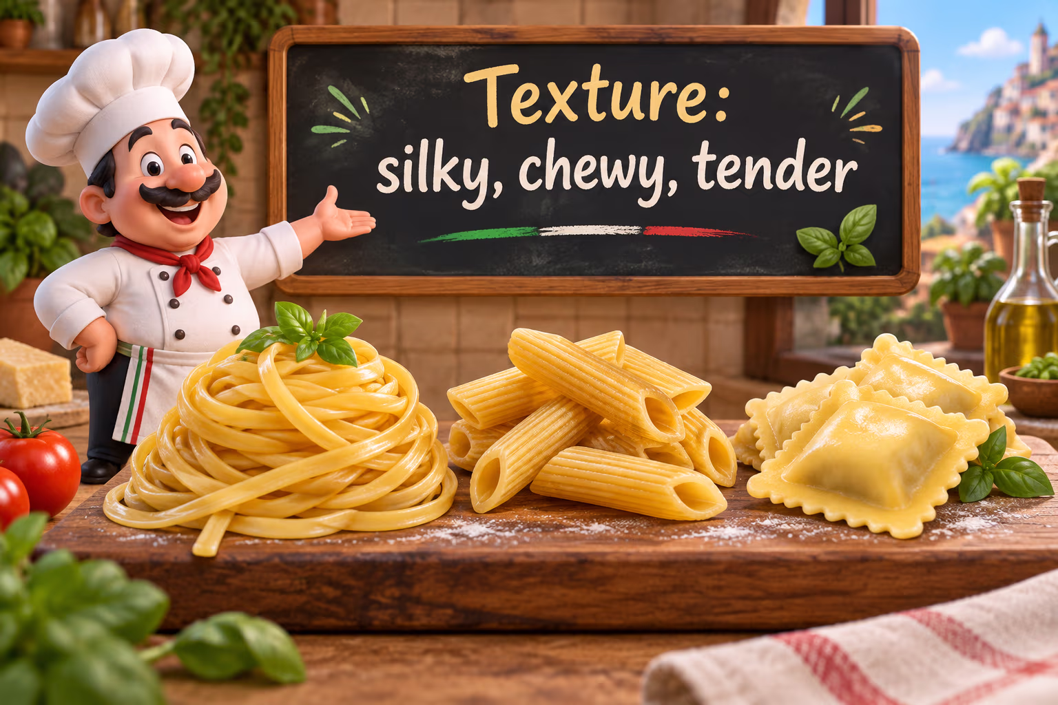 A chef presents smooth tagliatelle, ridged penne, and tender ravioli. Text: “Texture: silky, chewy, tender.”