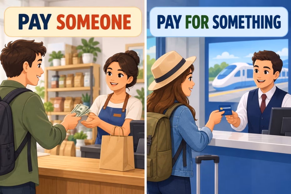 Two example patterns show a person paying a shopkeeper and paying for a ticket.