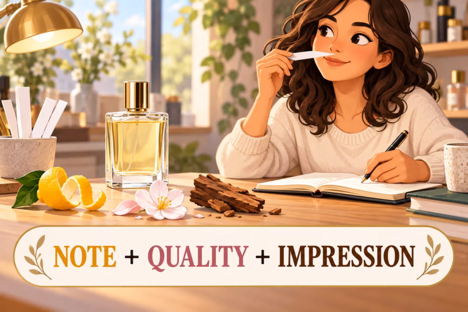 A writer evaluates a perfume beside citrus peel, a flower, and cedar; the banner reads Note + Quality + Impression.