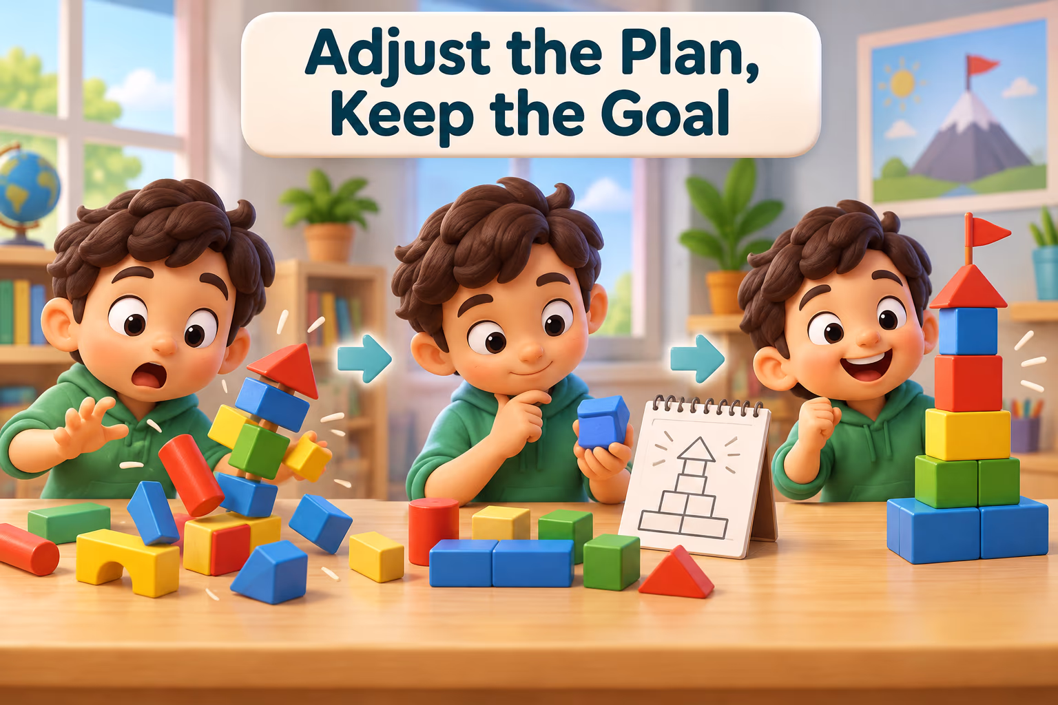 A child rebuilds a block tower with a stronger base. Image text: Adjust the Plan, Keep the Goal.