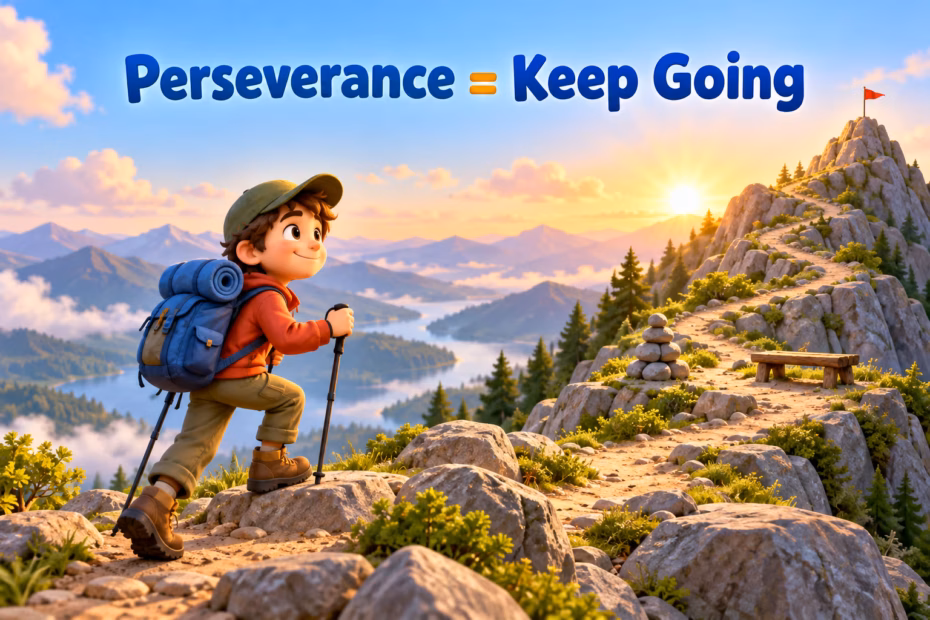 Perseverance means continuing effort through difficulty. Image text: Perseverance = Keep Going.