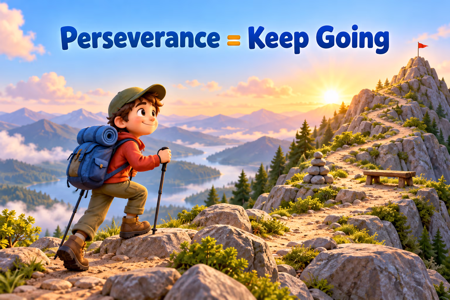 A young hiker steadily climbs a mountain path. Image text: Perseverance = Keep Going.