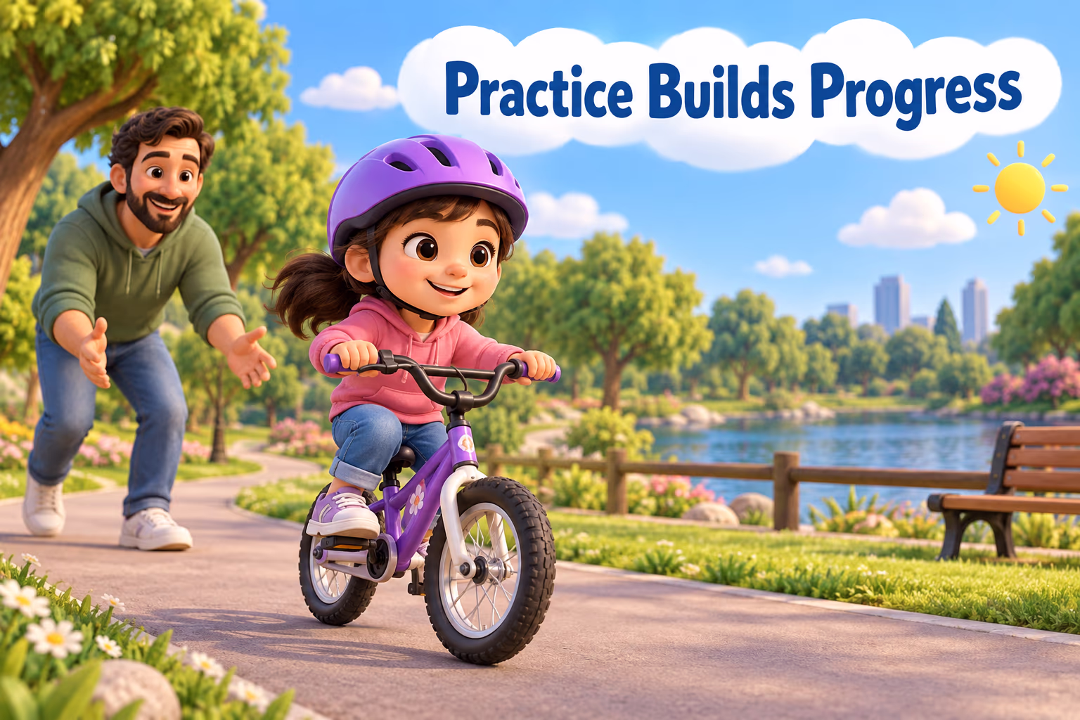 A child practices riding a bicycle with patient support. Image text: Practice Builds Progress.