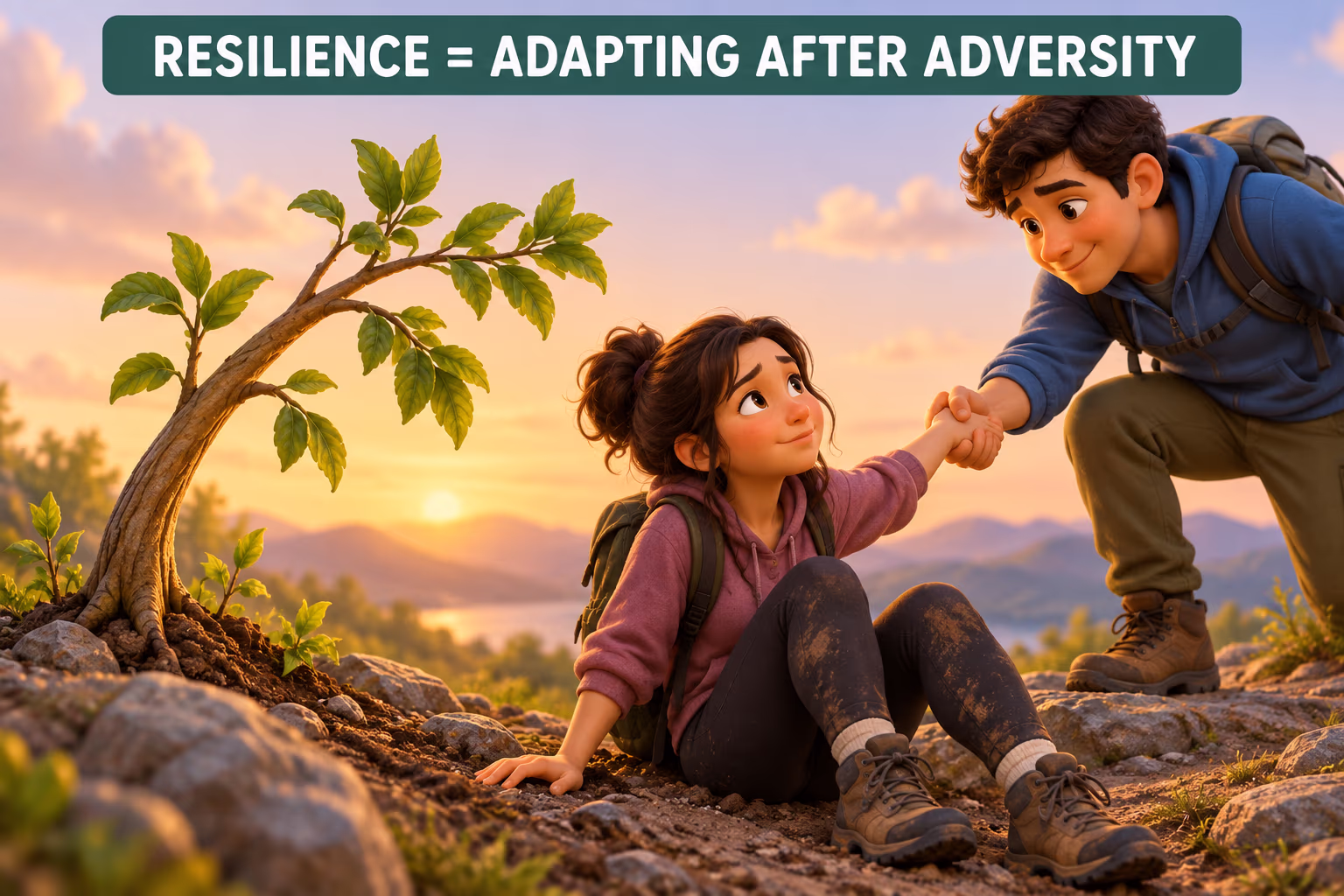A hiker accepts help after a fall. Image text: Resilience = Adapting After Adversity.