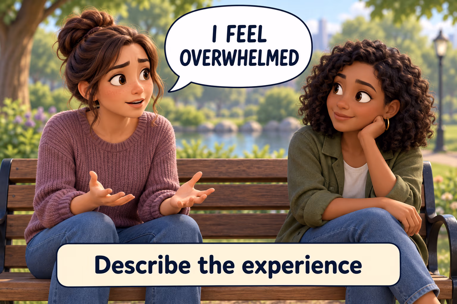 A person-centered language illustration with the phrases “I feel overwhelmed,” “we lost touch,” and “the signal cut out.”