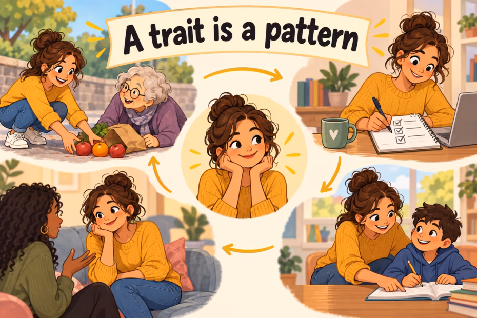 Illustrated examples of one person helping, listening, and following through show that a personality trait is a pattern across situations.