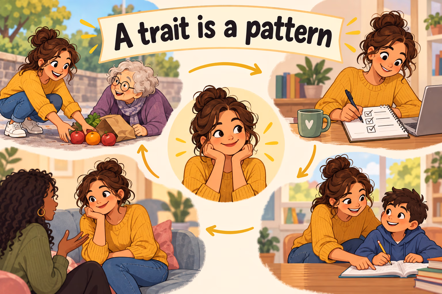 Illustrated examples of one person helping, listening, and following through show that a personality trait is a pattern across situations.
