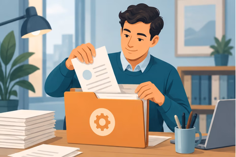 A person sorting a relevant document into a project folder.
