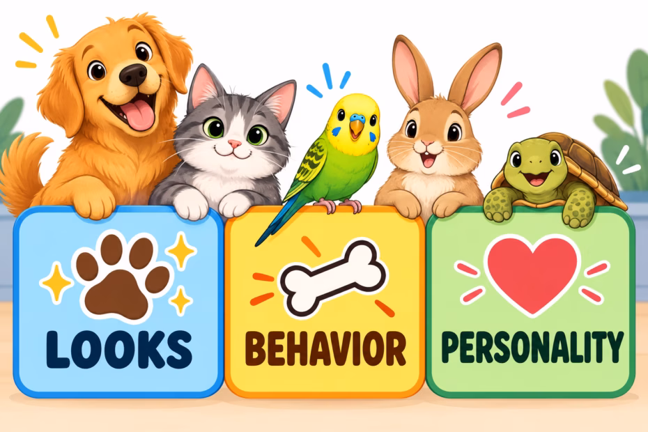 Cartoon pets beside three labeled cards: looks, behavior, and personality