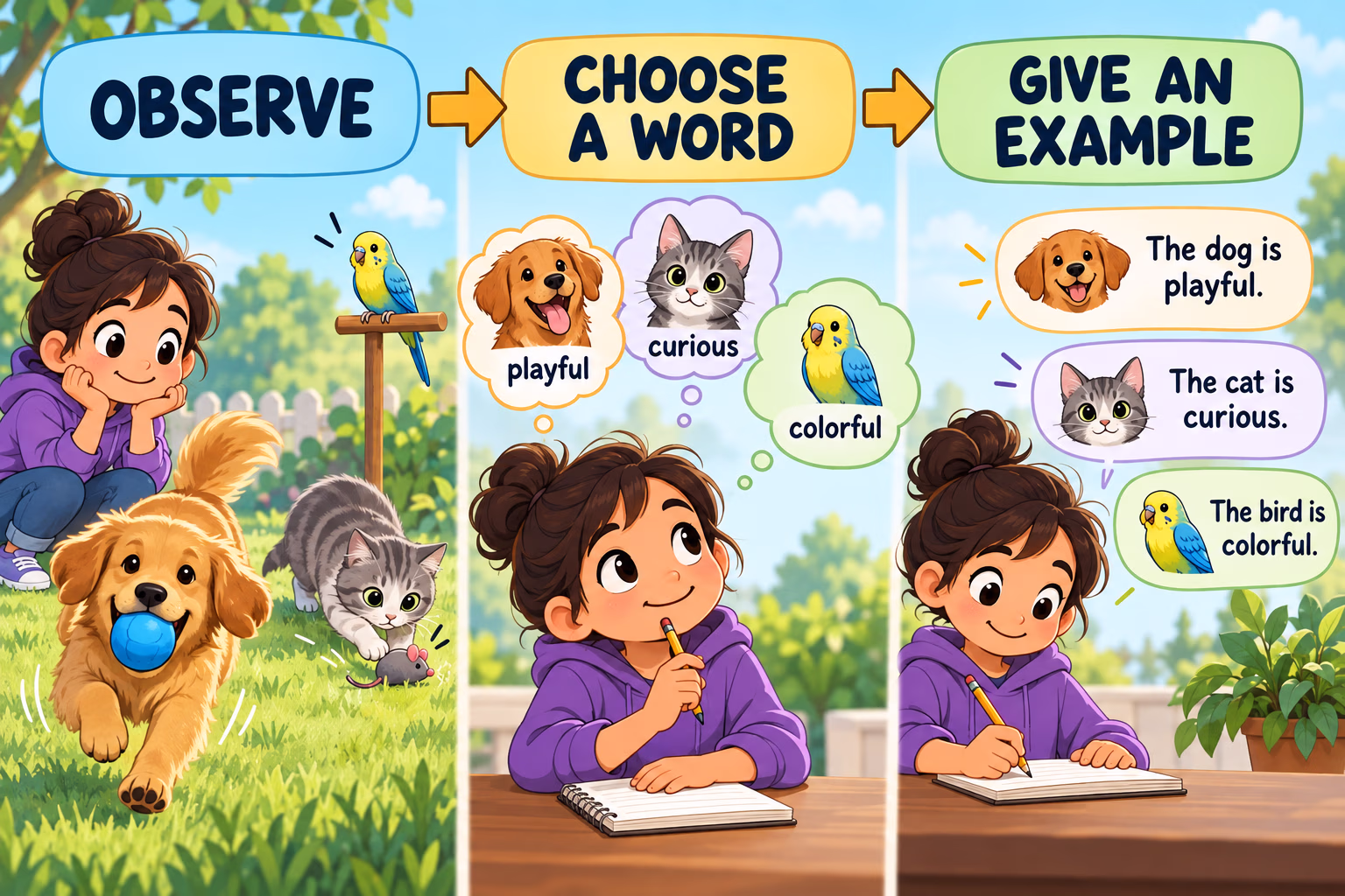 A child observes pets, chooses a fitting word, and writes an example sentence
