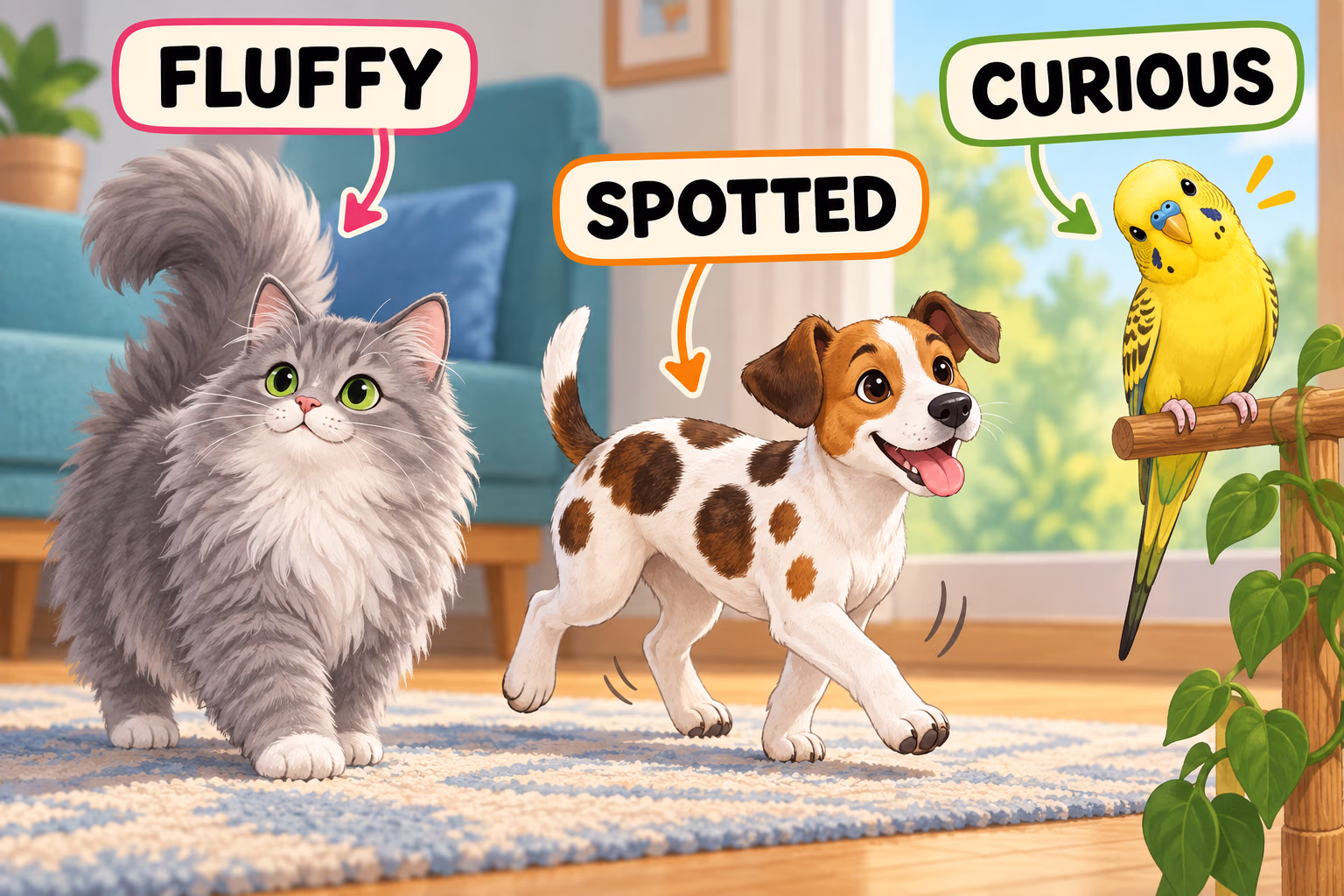 A fluffy cat, spotted dog, and curious parakeet illustrate specific pet adjectives