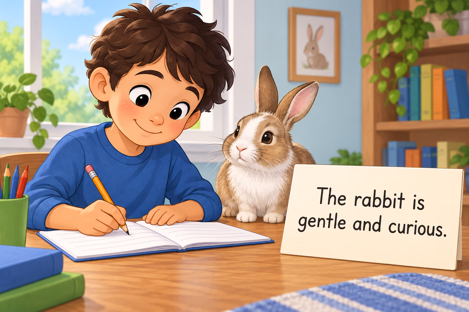 A child writes “The rabbit is gentle and curious” beside a rabbit