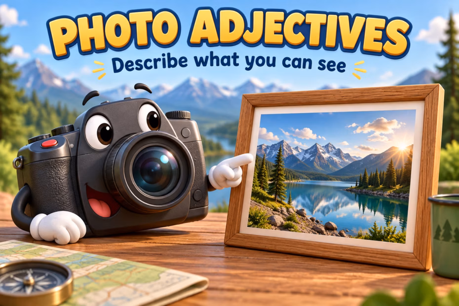 Camera beside framed mountain-and-lake photograph. Text: “PHOTO ADJECTIVES”; “Describe what you can see”.