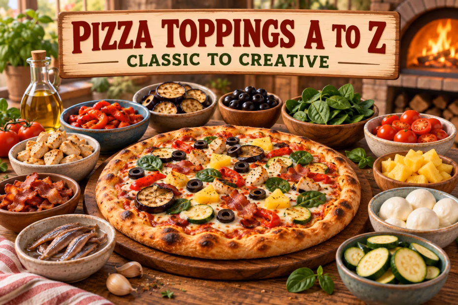 A pizza with vegetables, cheese, meats, pineapple, olives, and anchovies surrounded by bowls of topping ingredients