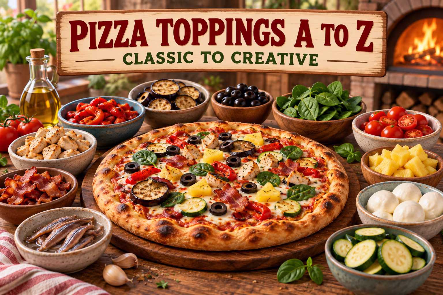 A pizza with vegetables, cheese, meats, pineapple, olives, and anchovies surrounded by bowls of topping ingredients