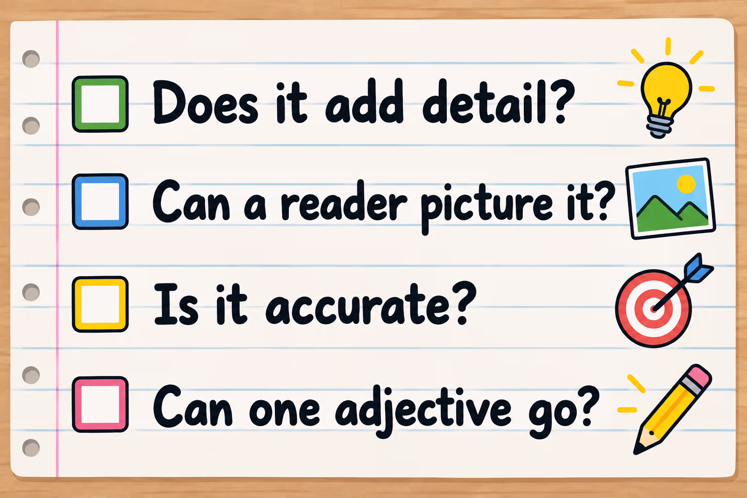 Four observation cues for describing a place: sound, light, space, and mood