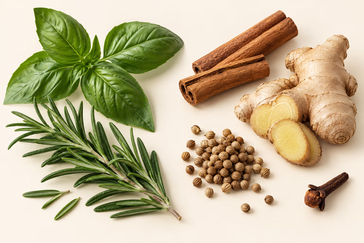 Fresh herb leaves alongside cinnamon bark, ginger root, coriander seeds, and a clove