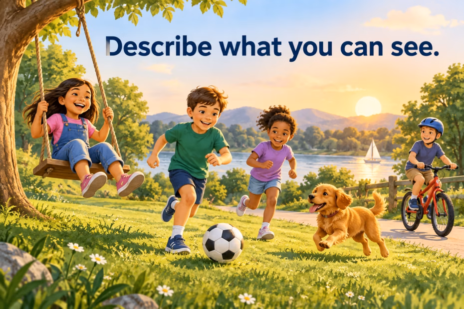 Children running, swinging, and playing soccer outdoors; observe the actions before choosing an adjective for play.