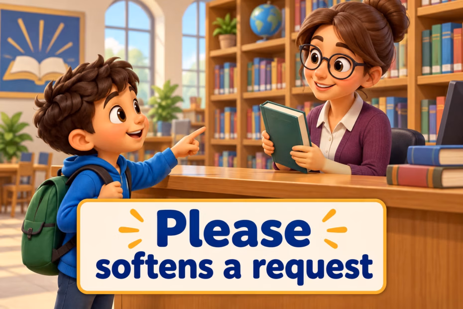 A student asks a librarian for a book; please softens a request