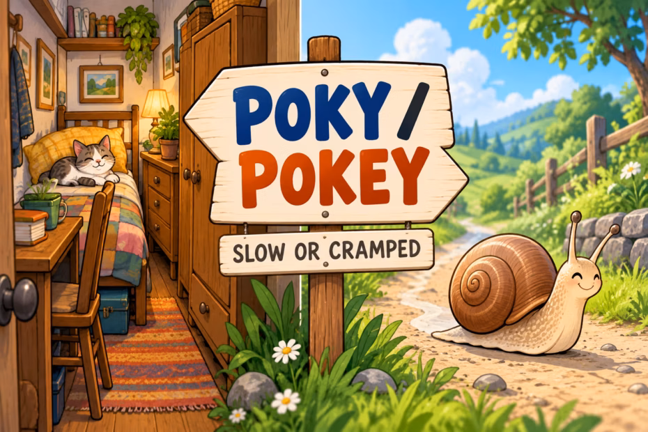 A small room and a slow snail illustrate overlapping adjective meanings of poky and pokey.