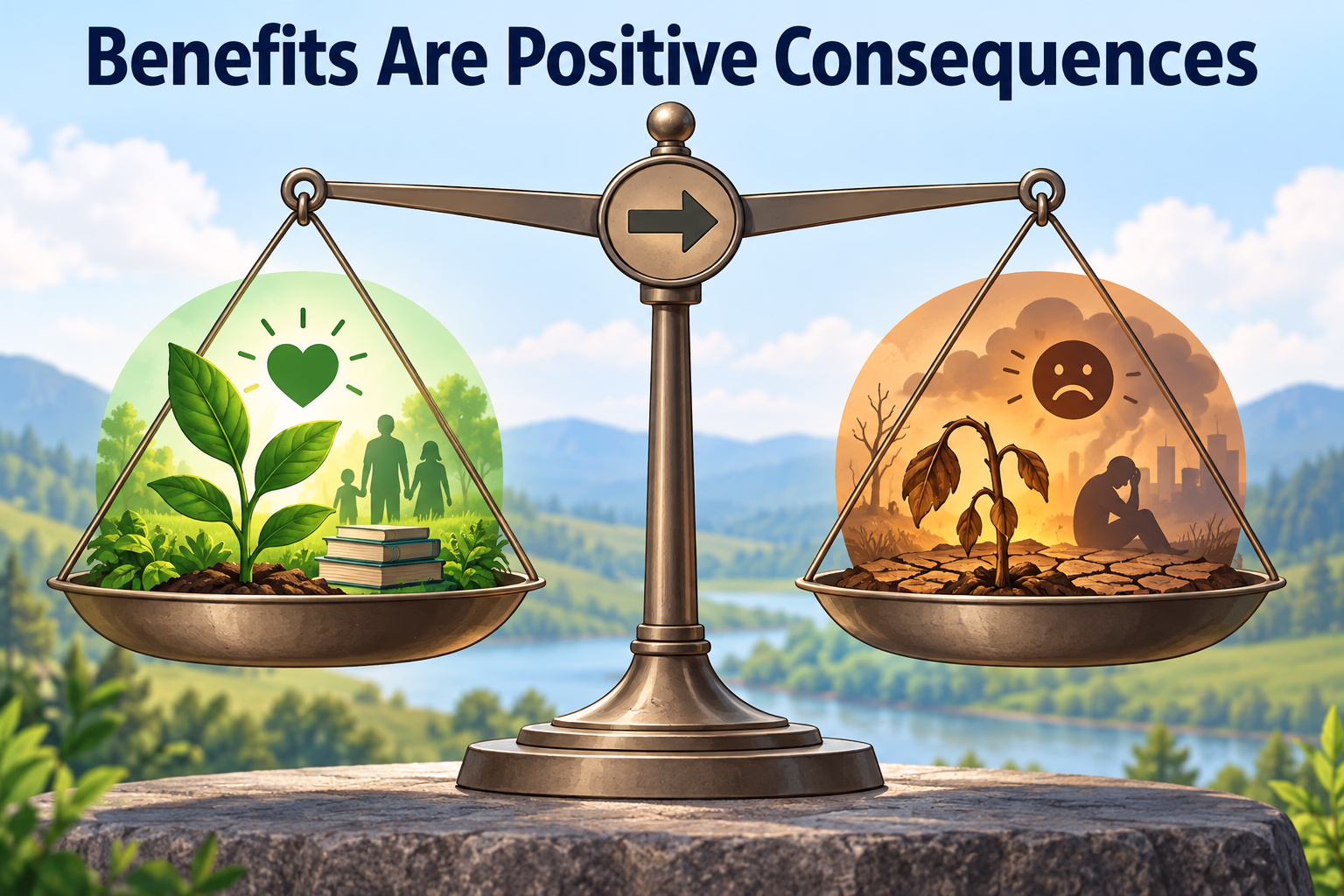 A balanced scale compares beneficial and harmful consequences as opposite evaluations of outcomes.