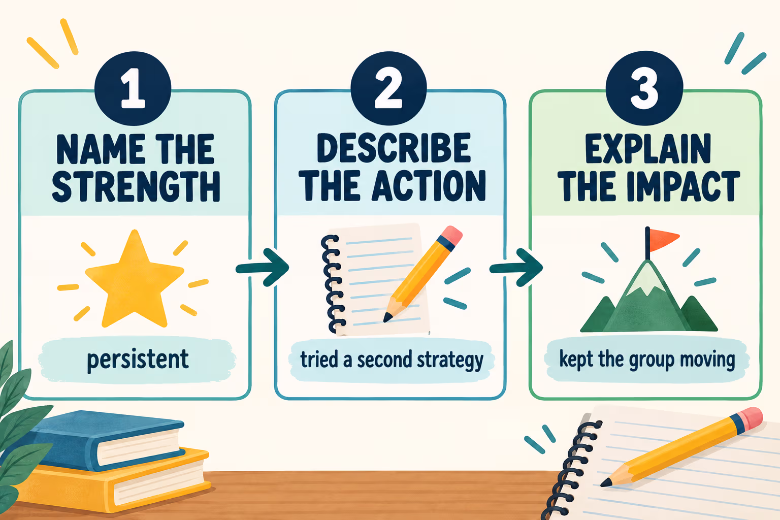 Three steps for constructive student feedback: name the strength, describe the action, and explain the impact.