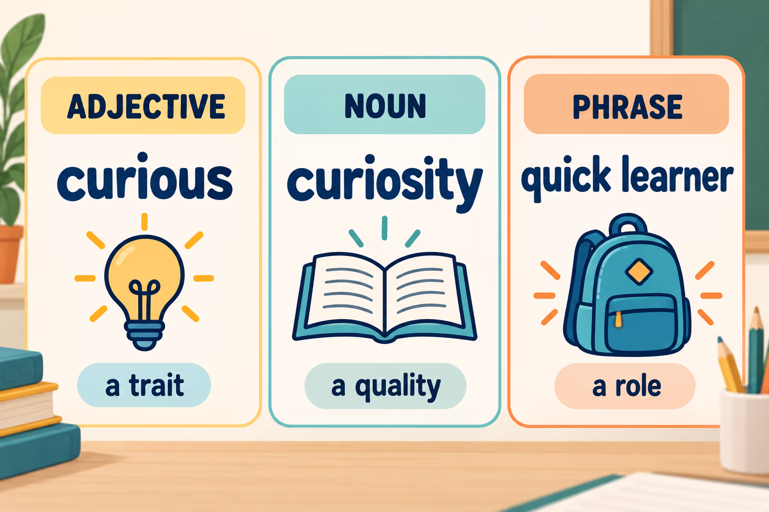 Examples of an adjective (curious), noun (curiosity), and phrase (quick learner) for describing a student.