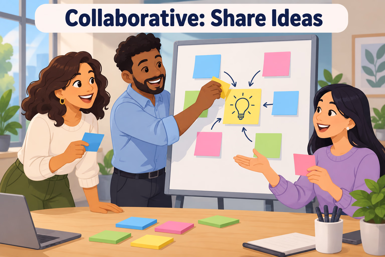 An animated team shares idea cards around a board, illustrating collaboration through idea sharing.