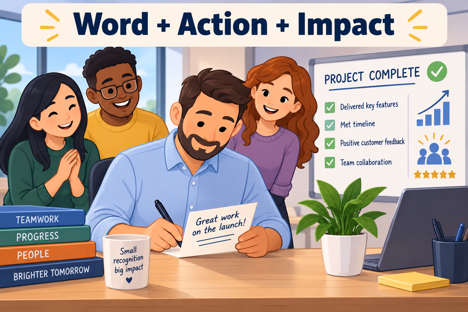 A team recognition note links a positive description to completed work and its effect.