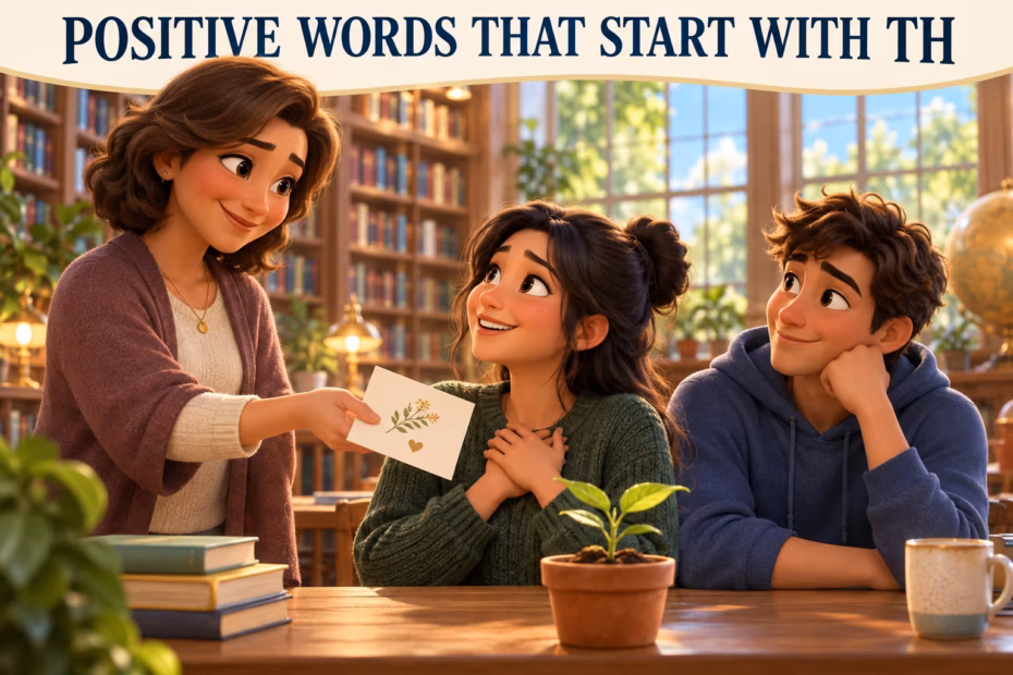 3D animated library scene with a thoughtful thank-you exchange, smiling readers, a flourishing seedling, and the words Positive Words That Start With Th.