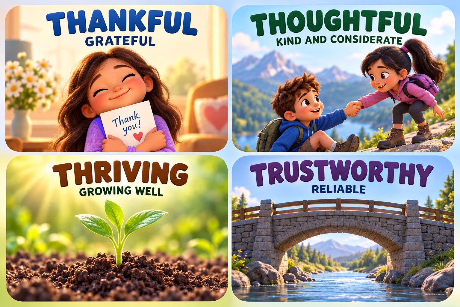 Five 3D illustrated cards defining thankful as grateful, thoughtful as considerate, thriving as growing well, thrilled as very happy, and trustworthy as reliable