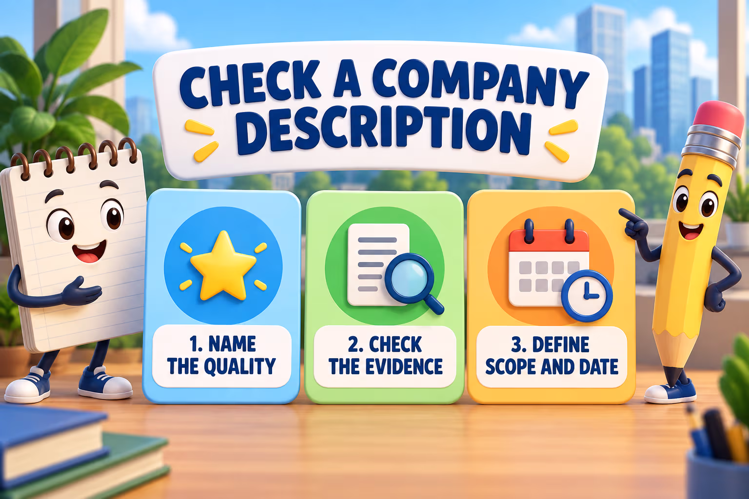 Three-step company description guide: name the quality, check supporting evidence, and define its scope and date.