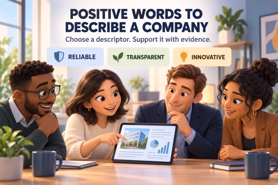 Illustration for positive words to describe a company, showing reliable results, sustainability evidence, and industry benchmarks.
