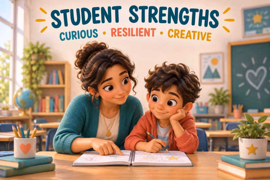 Illustrated teacher and student discussing student strengths, labeled curious, resilient and creative.