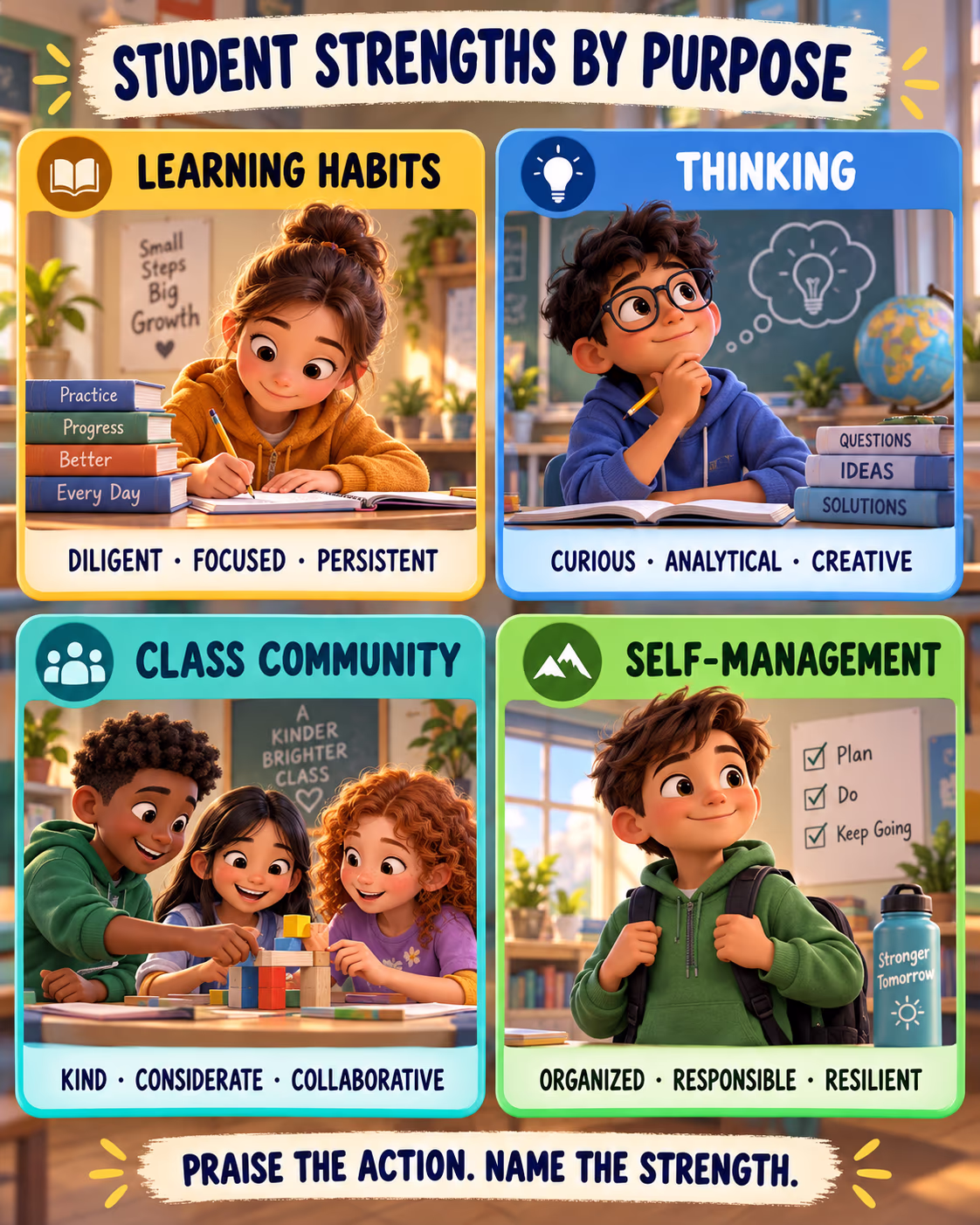 Infographic grouping positive student descriptors into learning, personal qualities, participation and growth.