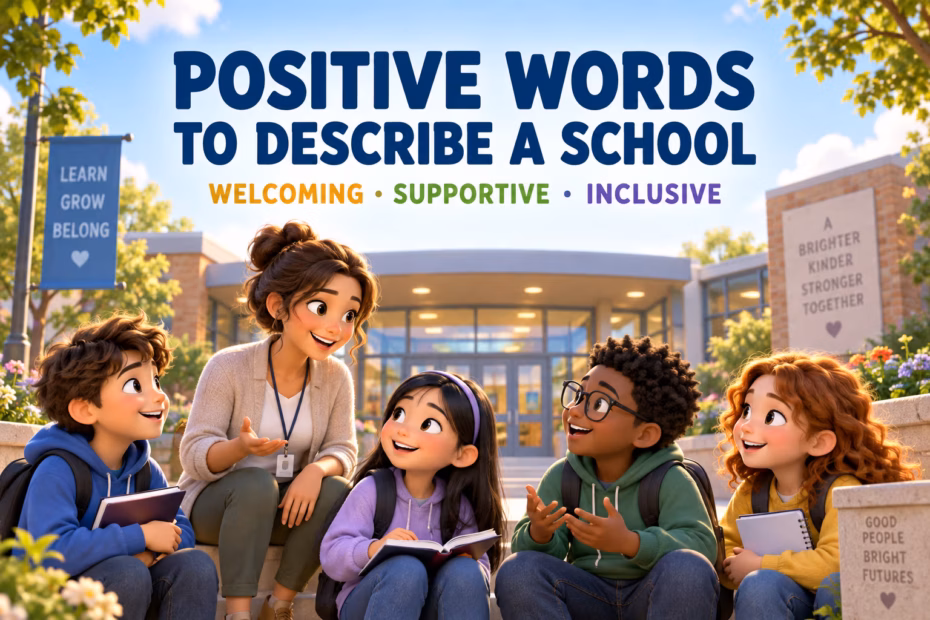 3D animated illustration of a teacher and diverse students in a welcoming school courtyard, with the headline Positive Words to Describe a School and the labels Welcoming, Supportive, Inclusive