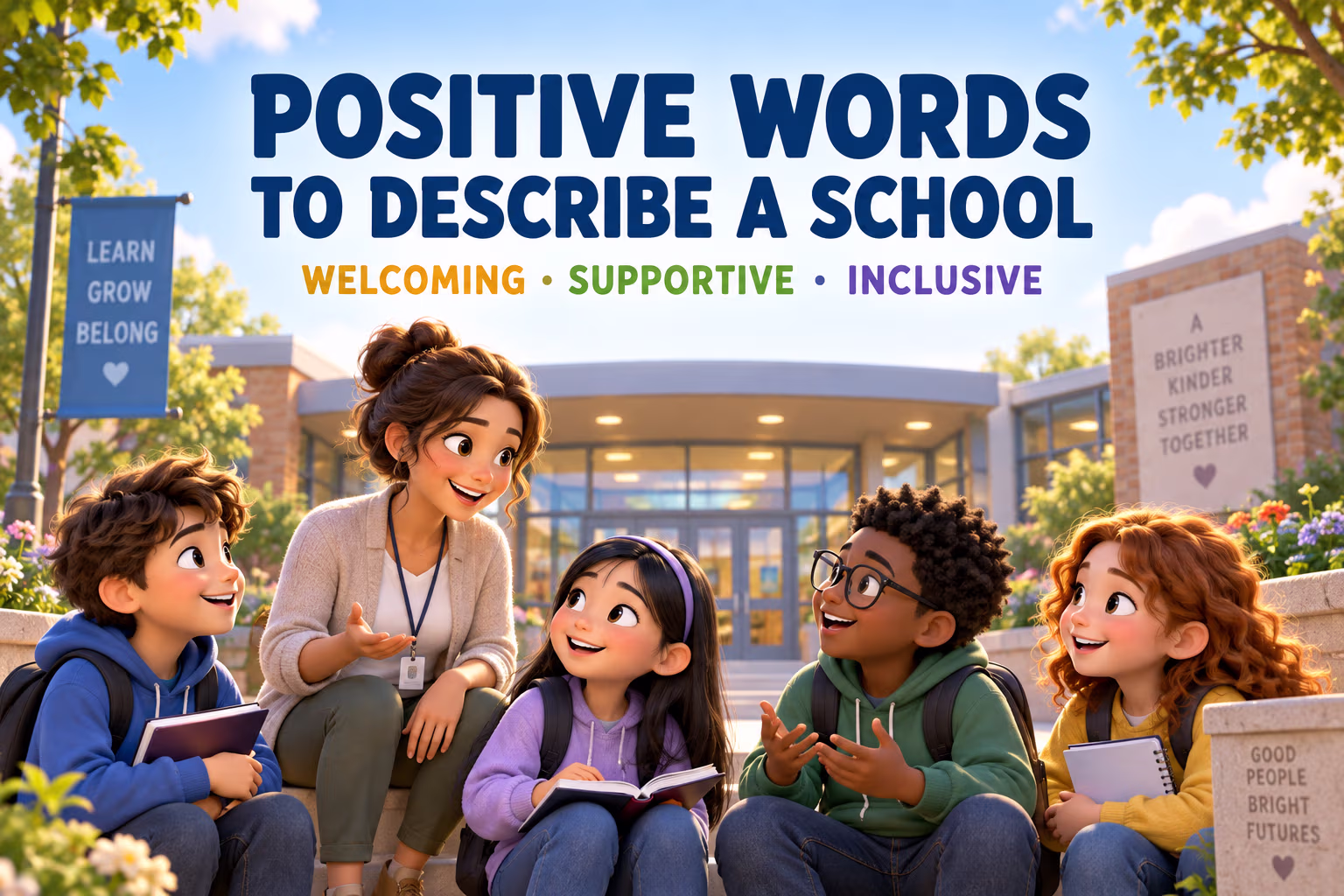 3D animated illustration of a teacher and diverse students in a welcoming school courtyard, with the headline Positive Words to Describe a School and the labels Welcoming, Supportive, Inclusive